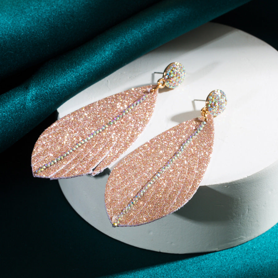 Wholesale Leather earrings with diamond leaf-shaped exaggerated earrings